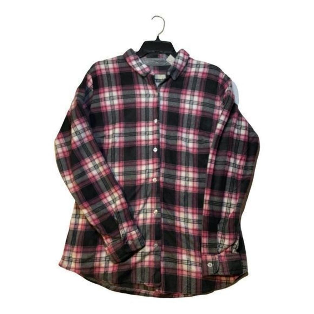 Domini Long Sleeve Shirt Womens Size Large Pink Gray Plaid Fleece Button Down